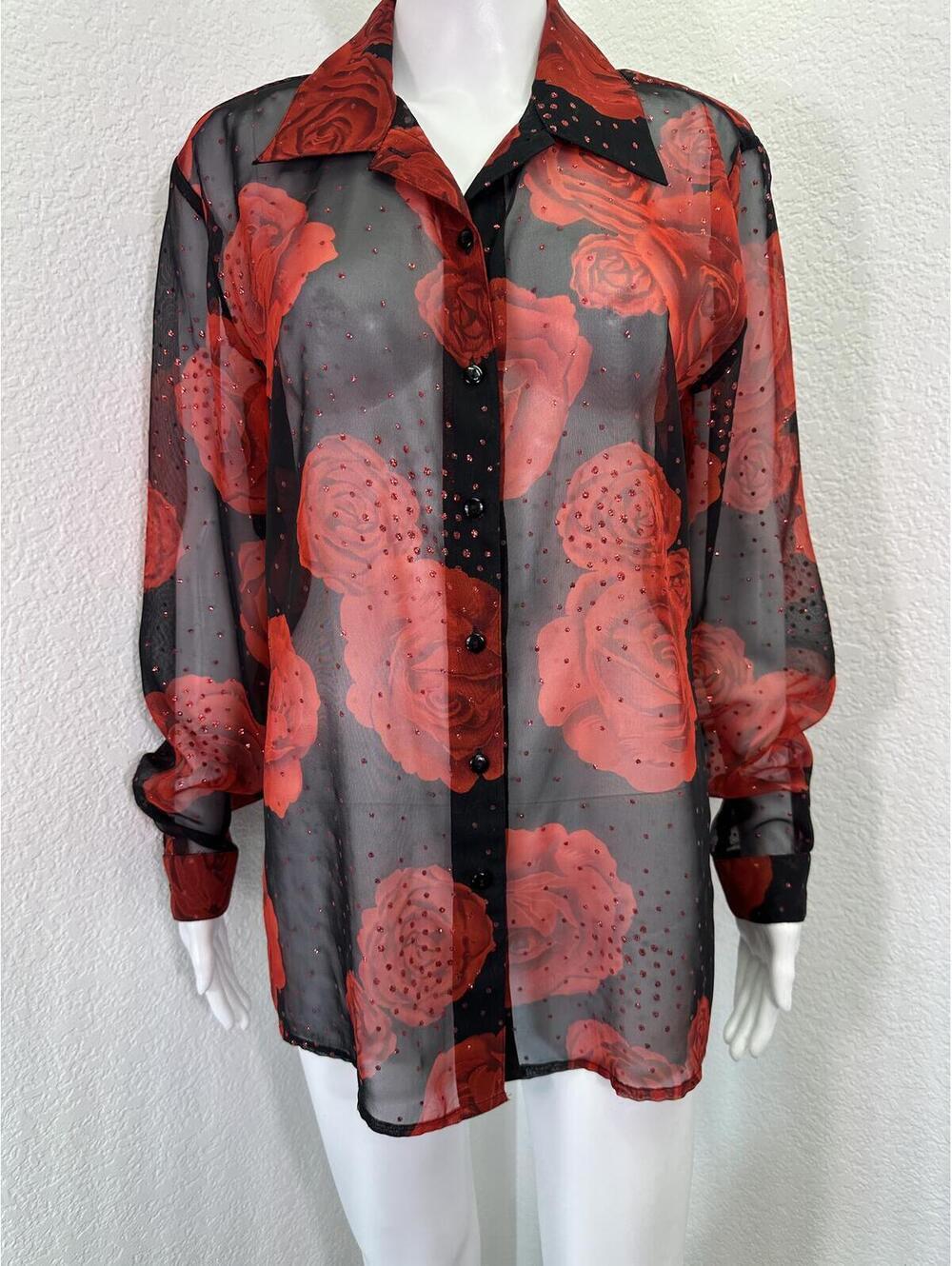 Sz L Women’s Erena Red Rose & Black Button Up Sheer Blouse Dark Romantic Gothic